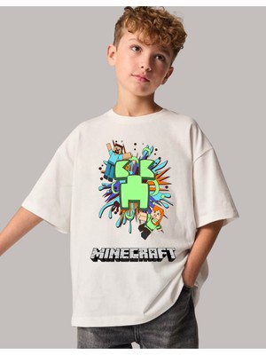Little Aden Erkek Çocuk Minecraft Baskılı Pamuklu Oversize Yazlık Tişört