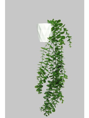 Yapay Çiçek Beyaz Elmas Saksıda Tek Dal 16 Yapraklı Yeşil Okaliptus Sarkıt