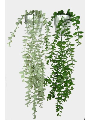 Yapay Çiçek Elmas Saksı Içerisinde 16 Yapraklı Pastel ve Yeşil Okaliptus Sarkıtı Seti