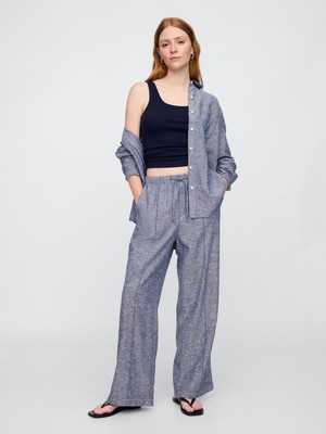 Kadın Mavi Mid Rise Keten Karışımlı Pull-On Wide-Leg Pantolon
