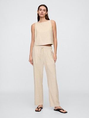 Gap Kadın Bej Mid Rise Keten Karışımlı Pull-On Pantolon