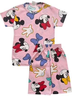 Kız Çocuk Pamuklu Pembe Renk Karakter Desenli Kısa Kollu Yazlık Şortlu Pijama Takımı