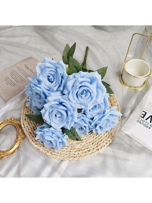 9 Dal Kaliteli Büyük Ekvator Gül Demeti 42  cm  Mavi Mavi