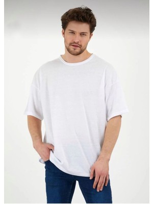 Erkek Oversize Pamuklu Bisiklet Yaka Kısa Kollu T-Shirt