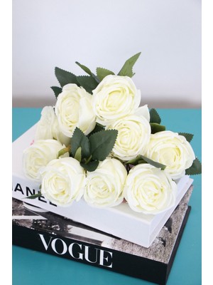 Yapay Çiçek 9lu Kat Kat Gül Demeti 42  cm  Beyaz