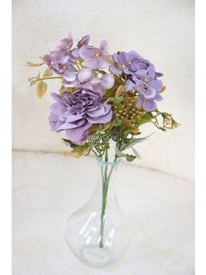 Yapay Mini Garnitürlü Çalı Gülü-Ortanca Demeti Lila-Mor