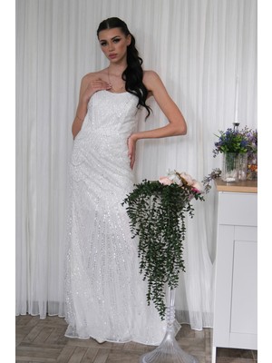 Feminist Beyaz Taş Işlemeli Uzun Balık Abiye 0801056.15