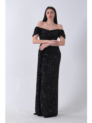 Feminist Siyah Kadın Omzu Açık Payetli Yırtmaçlı Uzun Abiye Elbise 9705544.01