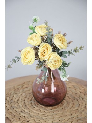 Yapay Çiçek Ara Dallı Yassı Şakayık Gül Buketi 30  cm  Sarı