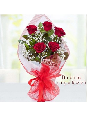 5li Yapay Kırmızı Gül Buket Beyaz Cipso