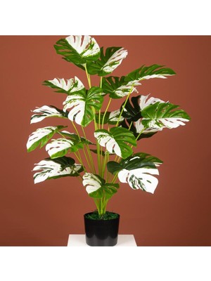 Yapay Ağaç Salon Bitkisi Beyaz Monstera 70  cm  18 Yaprak Antrasit Saksıda Deve Tabanı