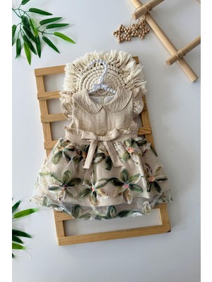 Miniğimin Cicileri Zambak Desenli Payetlı Kız Bebe elbise - Bej