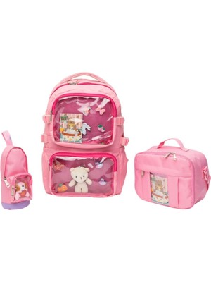 Teknotrust Kawaii Tarzı Aksesuarlı Ortopedik Yerli Okul Çantası Kız Erkek Beslenme Kalemlik Çanta Seti