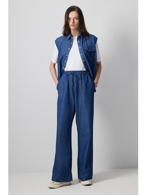 Denim Efektli Bol Paça Pantolon