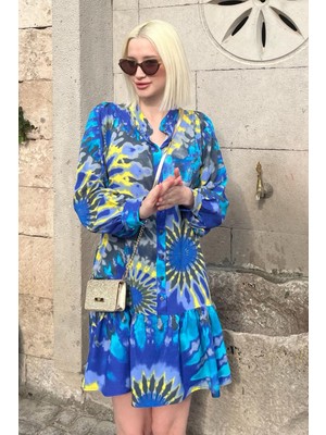 Indigo Desenli Kısa Kadın Elbise MG2429