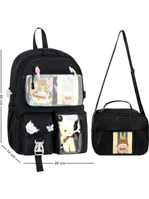 Kawaii Kore Tarzı Aksesuarlı Ilkokul Sırt Çantası Kız ve Termoslu Beslenme Çantası Set