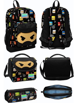 Siyah Ninja Desenli Dört Bölmeli Okul Sırt Çantası Beslenme Çantası Kalem Çantası