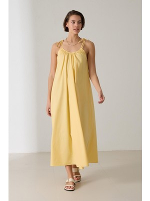 Tereyağ Sarısı Omuz Detaylı Pamuklu Rahat Kalıp Elbise