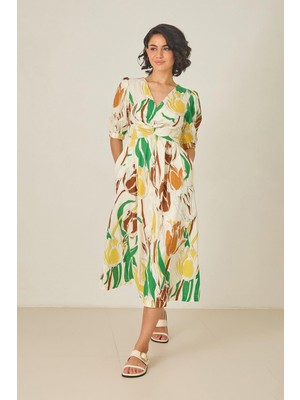 Ekru-Sarı V Yaka Kol Detaylı Belden Oturtmalı Desenli Keten Elbise