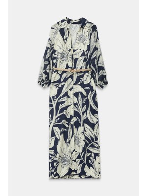 Setre Lacivert Gömlek Yaka Uzun Kollu Belden Kemerli Uzun Boy Desenli Geniş Kalıp Elbise