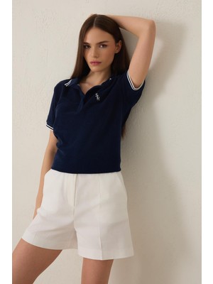 Setre Lacivert Yaka Ve Çizgi Detaylı Havlu Kumaş T-Shirt