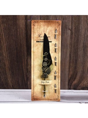 Kaligrafi Tüy Divit Kalem Seti, Yazı Kalem Seti, Retro Dekoratif Kalem Metal, 1 Kalem 6 Uç-Siyah