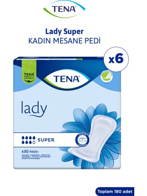 TENA Lady Super, Kadın Mesane Pedi, 7 Damla, 30'lu 6 Paket 180 Adet
