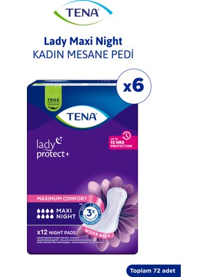 TENA Lady Maxi Night Kadın Gece Mesane Pedi  8 Damla 12'li 6 Paket 72 Adet