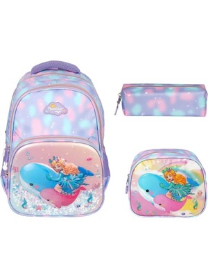 Kız Çocuk Kabartmalı Figürlü Ve Pullu 3'Lü Takım Ilkokul Sırt Çantası Beslenme Ve Kalemlikli Rlx137