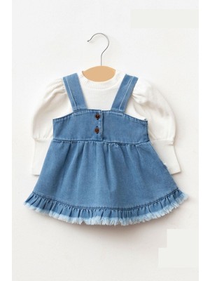 Kız Bebek Püsküllü Kot Jile Elbise Balon Bluz Lüks Jean Takım