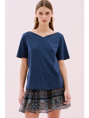 Kayık V Yaka Kısa Kol T-Shirt Lacivert Y2523813_015