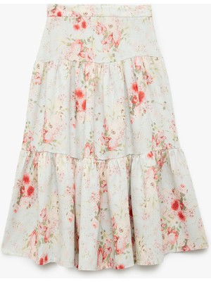 Koton Viskon ve Keten Karışımlı Yüksek Belli Çiçekli Midi Etek