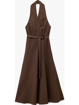 Koton Sırt Dekolteli Kemerli Kolsuz Midi Boy Halter Yaka Kruvaze Keten Elbise