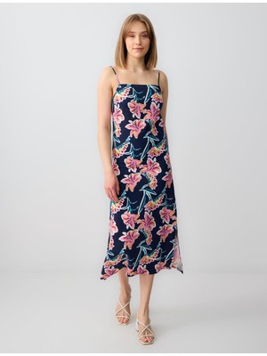 Jimmy Key Pembe Çiçek Desenli Askılı Keten Midi Elbise