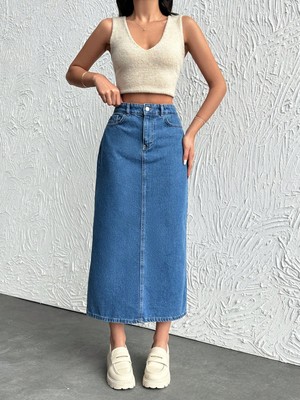 Dema Pamuklu Mavi Denim Etek