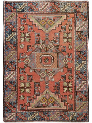 121 x 173  cm  Geometrik Desenli Geleneksel Eski El Düğümlü Yünlü Halı