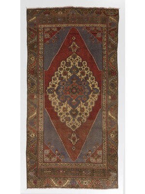 147 x 284  cm  Eski El Düğümlü Kırmızı ve Mavi Yün Alan Halısı