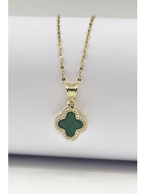 14 Ayar Altın Yeşil Taşlı Yonca Kolye