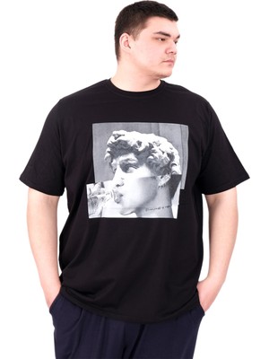 Mode Xl Büyük Beden Erkek T-Shirt Bisiklet Yaka Statue U25027 Siyah