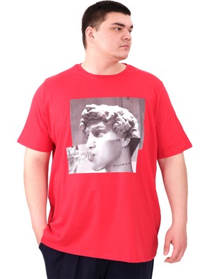 Mode Xl Büyük Beden Erkek T-Shirt Bisiklet Yaka Statue U25027 Kırmızı