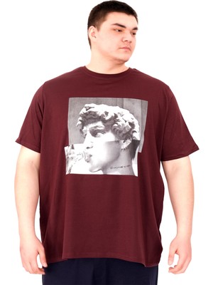 Mode Xl Büyük Beden Erkek T-Shirt Bisiklet Yaka Statue U25027 Mürdüm