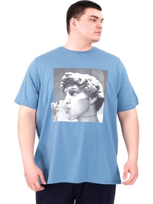 Mode Xl Büyük Beden Erkek T-Shirt Bisiklet Yaka Statue U25027 Mavi