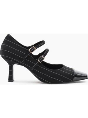 Kadın Siyah Neolit Taban Çift Tokalı Çizgili Desen Sivri Burunlu Topuklu Ayakkabı