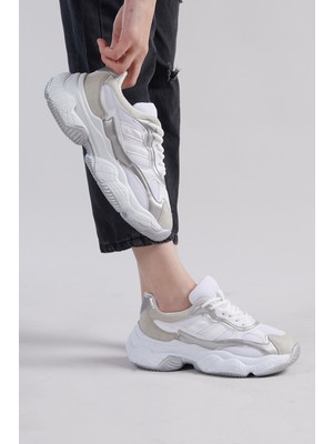 Kadın Beyaz Buz Rahat Kalıp Yüksek Taban Şeritli Spor Ayakkabı