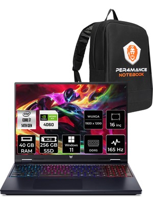 Acer Predator Helios Neo 16 Intel Core I7 14650HX 40GB 256GB SSD RTX4060/8GB 140W 16" Fhd+ 180Hz Windows 11 Pro Taşınabilir Bilgisayar & Per4 Çanta NHQQVEY002P401