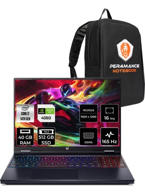 Acer Predator Helios Neo 16 Intel Core I7 14650HX 40GB 512GB SSD RTX4060/8GB 140W 16" Fhd+ 180Hz Fdos Taşınabilir Bilgisayar & Per4 Çanta NHQQVEY002P322