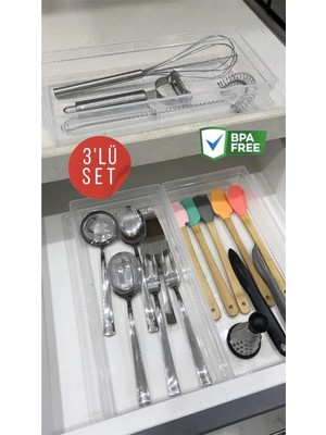 3 Adet Bade Xl Çekmece Içi Bıçaklık & Kaşıklık Organizer - Kepçe Spatula Düzenleyici Kutu