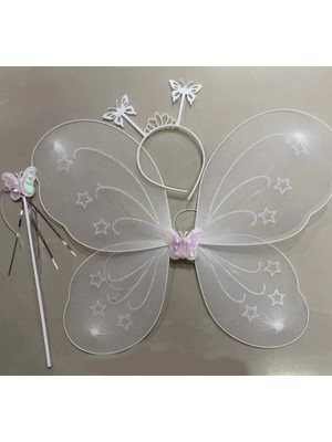 Beyaz Renk Kelebek Kanadı Tacı ve Sopası 50X37 cm