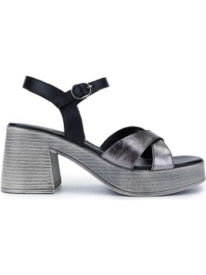 Tamer Tanca Kadın Hakiki Deri Siyah Topuklu Sandalet 956 11409 Bn Sndlt Y25 Sıyah/antrasıt