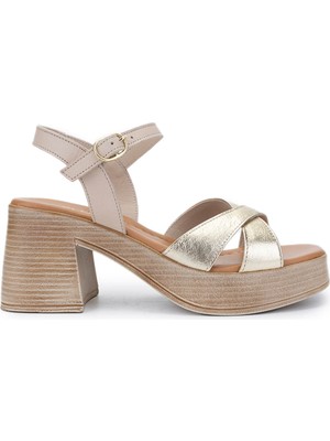 Tamer Tanca Kadın  Deri Bej Topuklu Sandalet 956 11409 Bn Sndlt Y25 Bej/altın